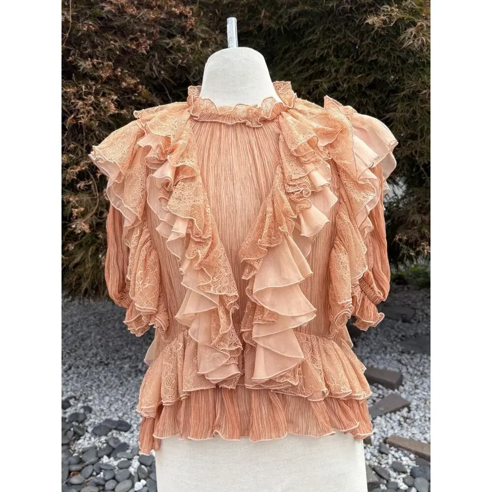 Ulla Johnson Ruffle Silk Top Peach Lace Victorian Boho Blouse Size Large ? NWOT